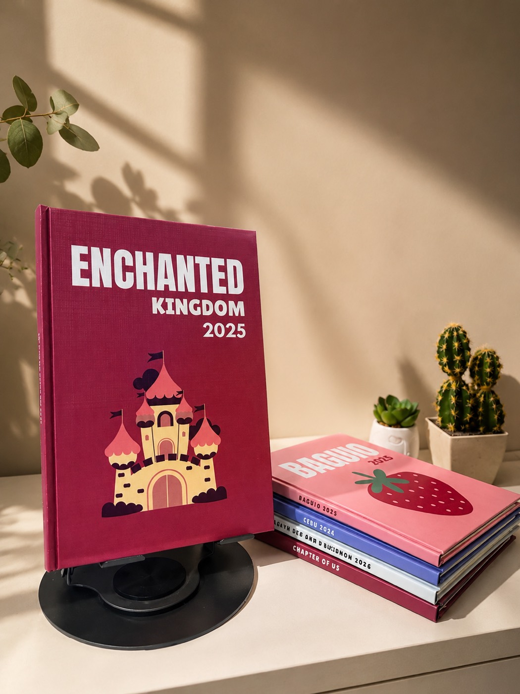 Maroon hardbound photobook titled Enchanted Kingdom 2025 with a castle illustration